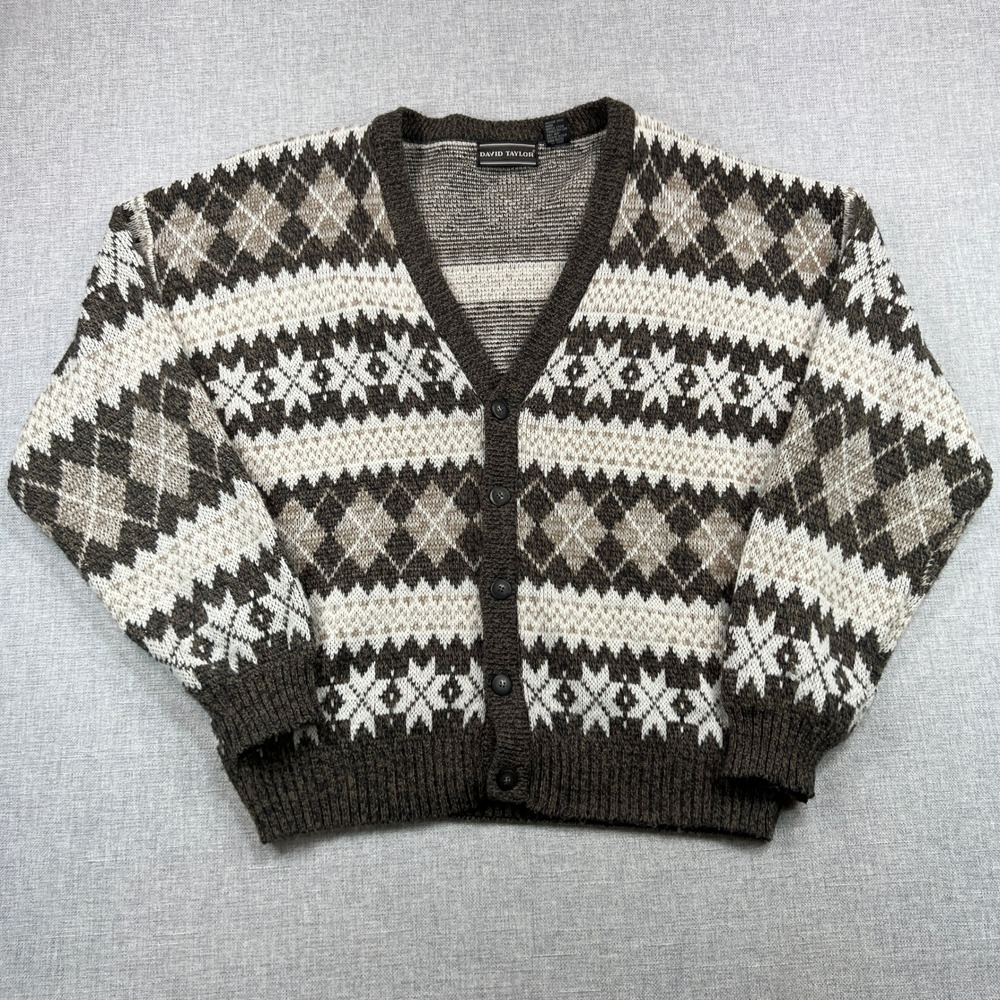 Vintage‎ 90s David Taylor Argyle Fair Isle Cardigan Sweater Men L Gray Academia